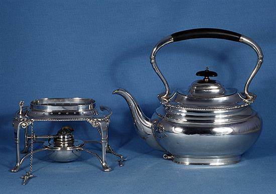 A silver kettle on stand, Height 12 ½”/318mm Width 10”/254mm., Weight 50oz/1418grms.